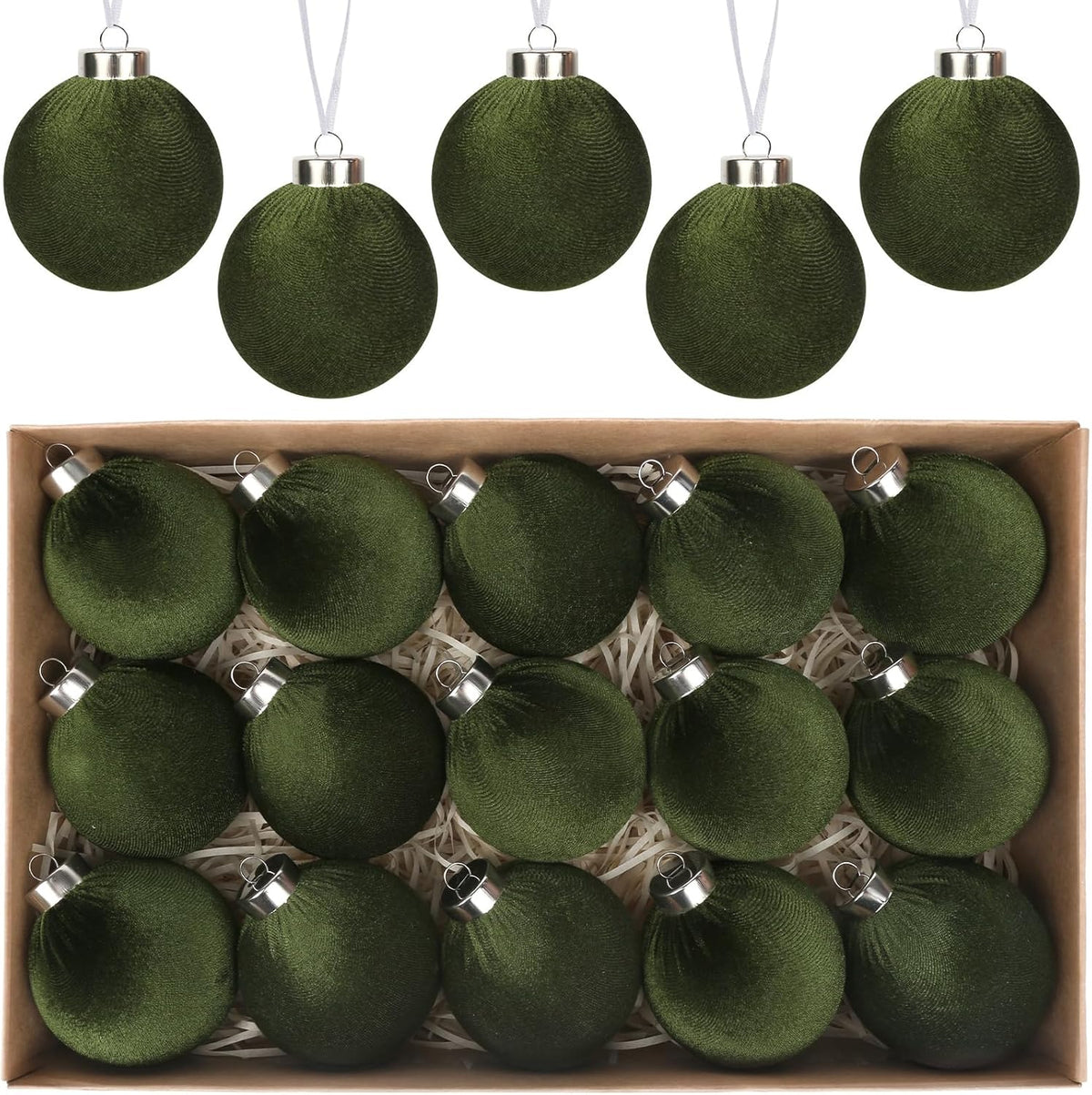 Green Velvet Ornaments for Christmas Tree 15Pcs Flocked Ornaments Balls