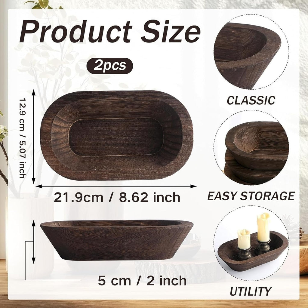 2 Pack 8.6" Hand Carved Paulownia Wood Dough Bowls for Candles