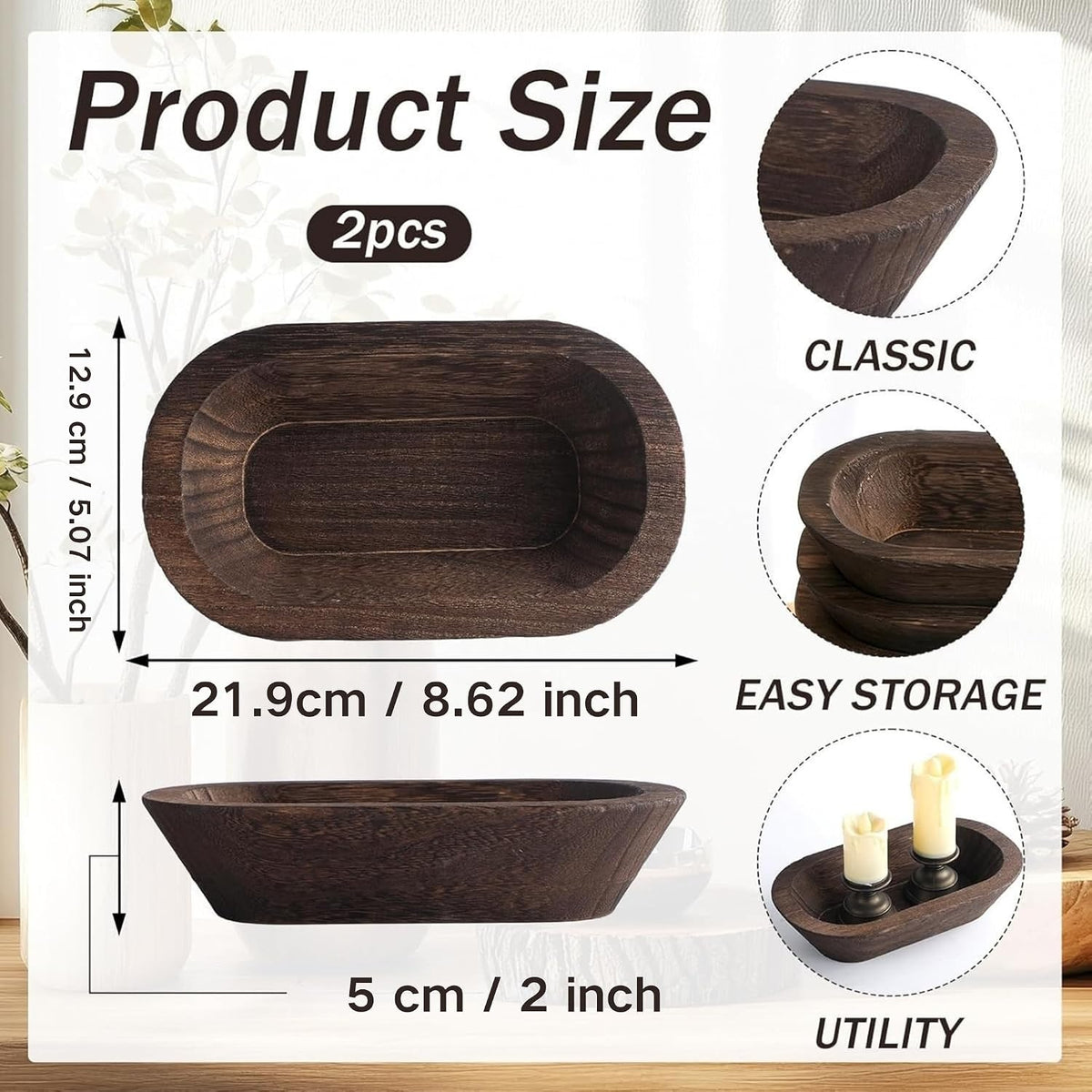 2 Pack 8.6" Hand Carved Paulownia Wood Dough Bowls for Candles