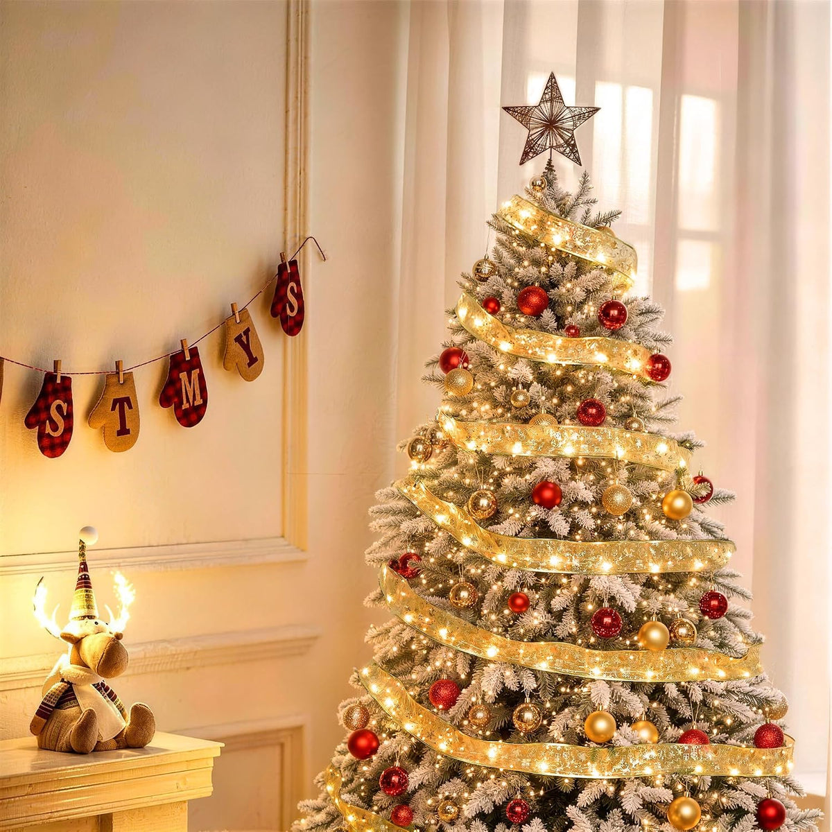 JMEXSUSS 33Ft 100 LED 2.5Inch Christmas Tree Ribbon Lights Remote Control