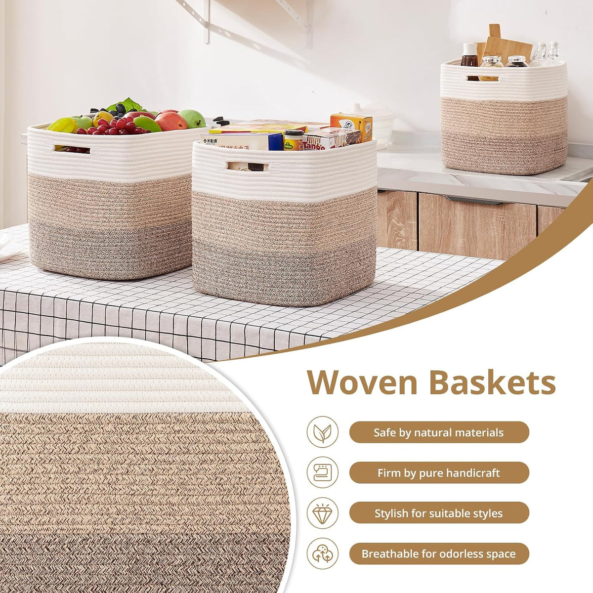 OIAHOMY 13 Inch Cube Storage Bins, 3-Pack Cotton Rope Woven Baskets for Organizing, Insert Storage Baskets for Shelves, Baby Nursery, Closet Organizer, 13 * 13 * 12.6IN, Gradient Brown