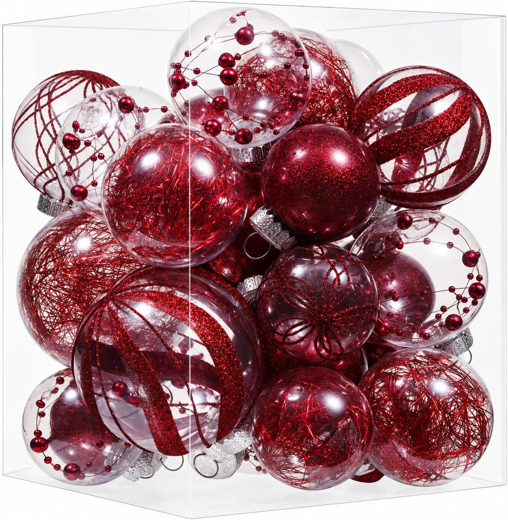 Clear Christmas Ball Ornaments,24ct Shatterproof Plastic Decorative Christmas Ornaments Hanging Xmas Tree Baubles Set with Stuffed Delicate Glittering Decorations for Holiday Home Decor(Burgundy)