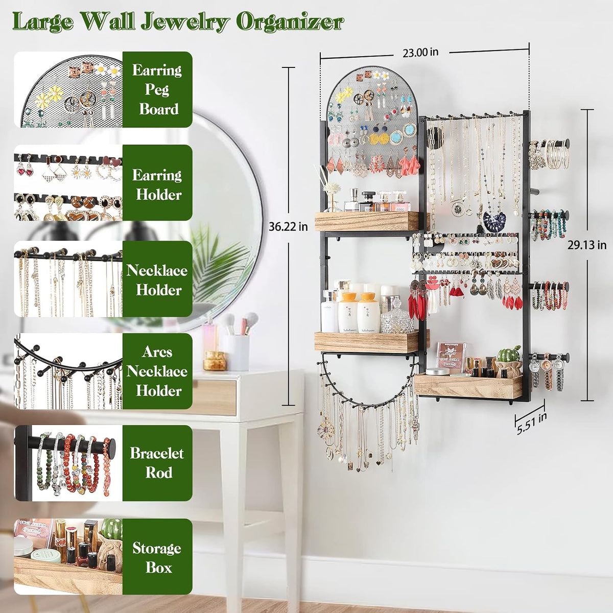 Keebofly Large Jewelry Organizer - Big Wall Mount Hanging Jewelry Holder Display for Earrings, Rings, Necklaces, Bracelets, Makeup, Perfume & Watches