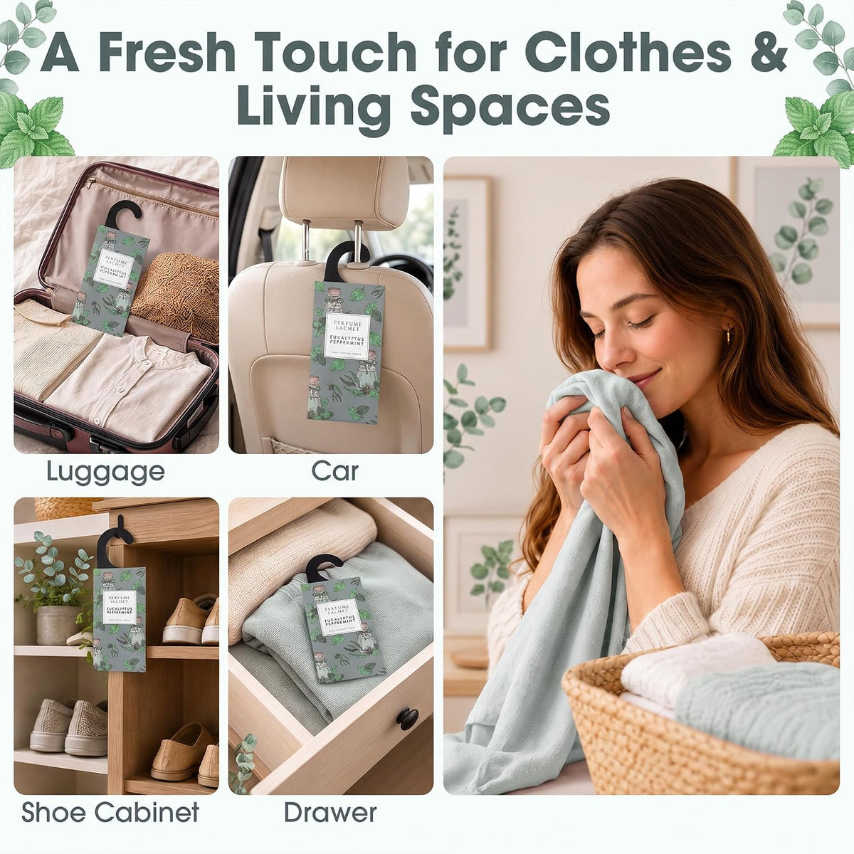 Large 12 Packs Eucalyptus Peppermint Hanging Scented Sachets Long-Lasting Closet Deodorizer Air Freshener Fabric Refresher Odor Eliminator for Drawer Home Fragrance Gift Set