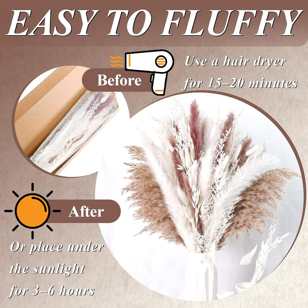 85PCS White Dried Pampas Grass Bouquet, Boho Home Decor Flowers
