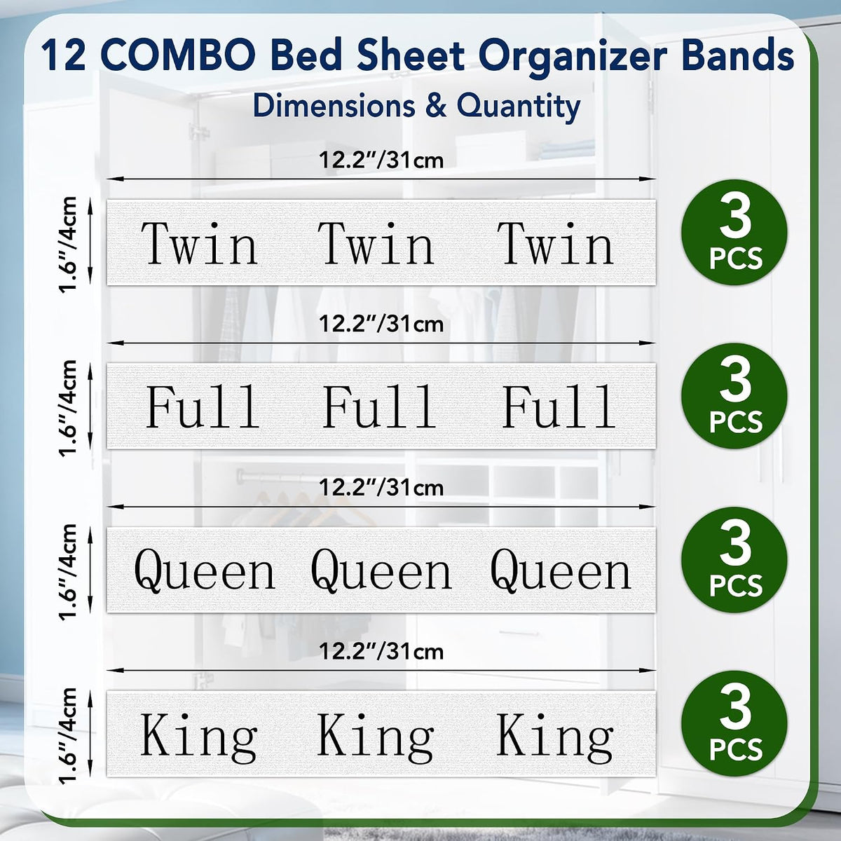 12 Pack Bed Sheet Organizer Bands, Mixed Size Label Straps for Linen Closet Organizers and Storage
