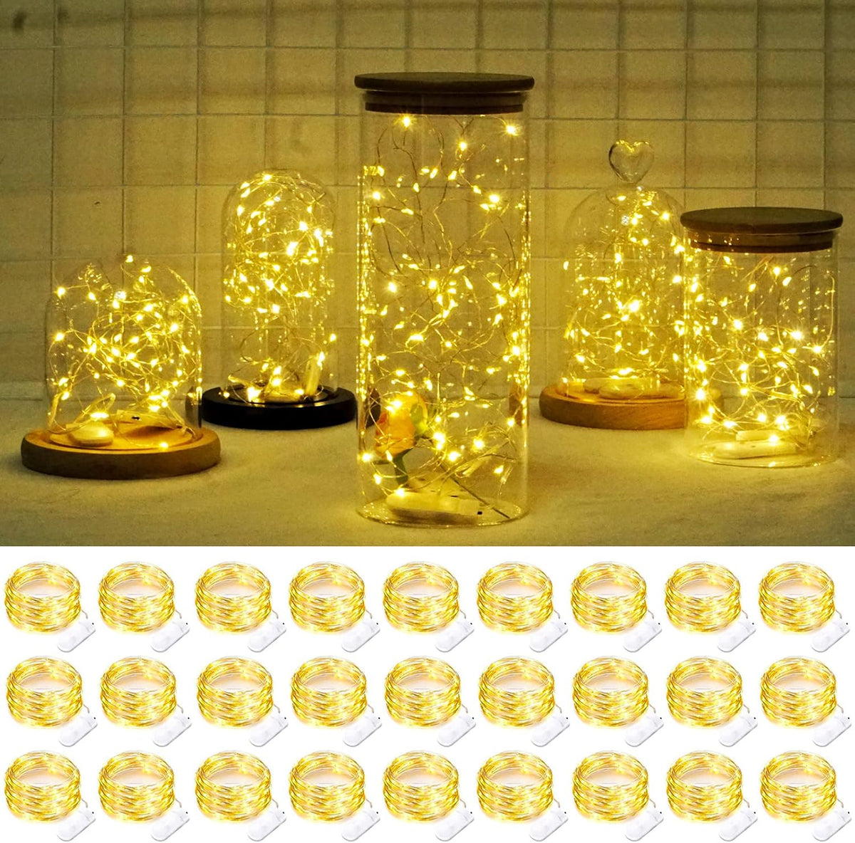 SmilingTown Battery Operated Fairy Lights, 24 Pack 20 LED 7.2ft Silver Wire Mini String Lights for Mason Jar, Bottle, Wedding Centerpiece, Halloween Christmas Party, Bedroom Indoor Decor (Warm White)