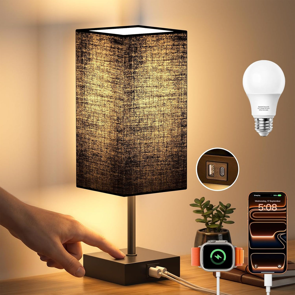 Bedside Lamp for Bedroom Touch Control Nightstand Lamp with USB C+A