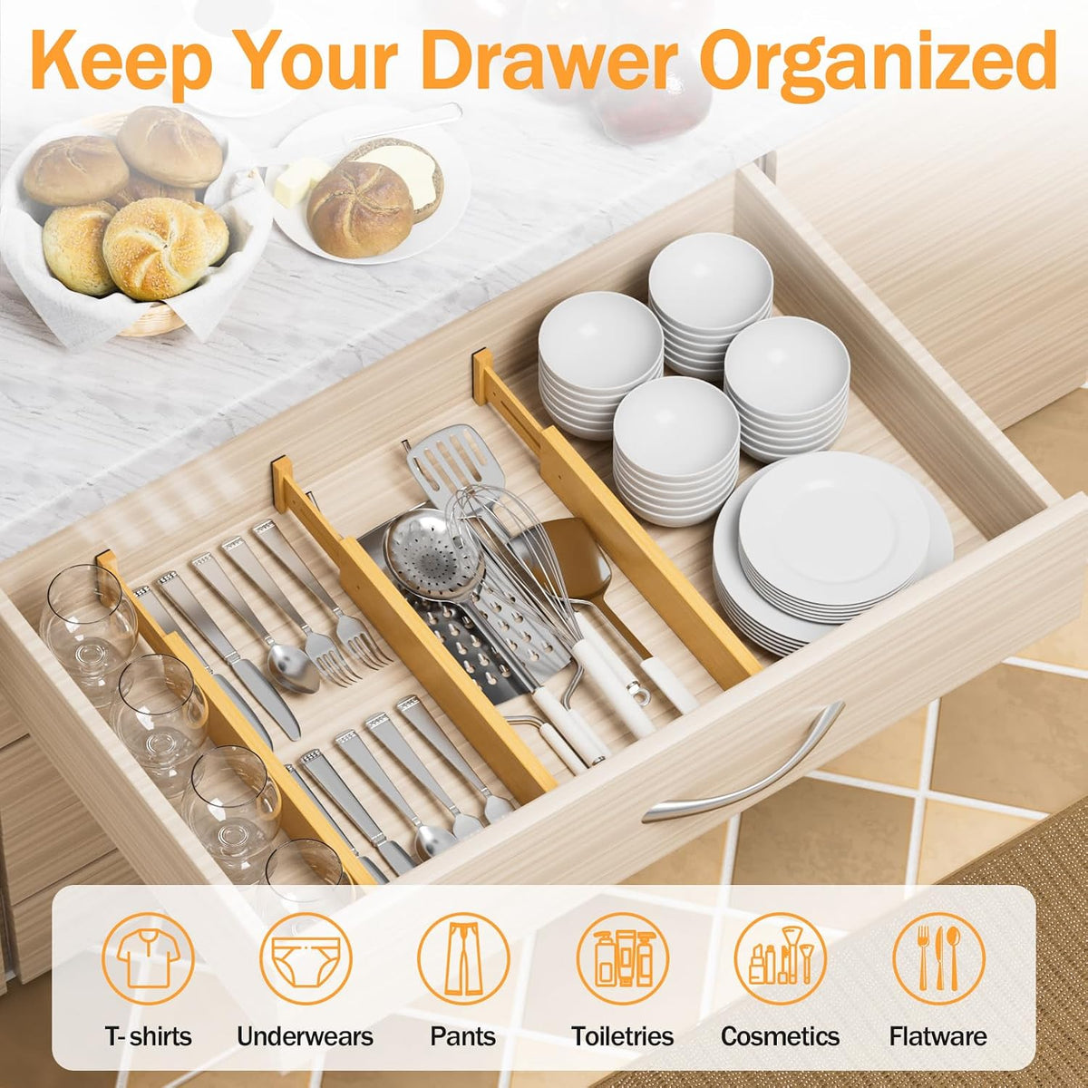 Bamboo Drawer Dividers Organizers, 2.56" High, 17"-21.8" Adjustable, 8 Pack