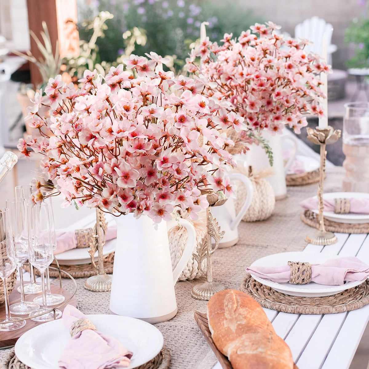 obbsie 24Pcs Artificial Cherry Blossom Flower, Faux Silk Peach Blossom Branches Fake Plum Blossom Flowers Stems Arrangements for DIY Home Wedding Table Centerpieces Vase Decor
