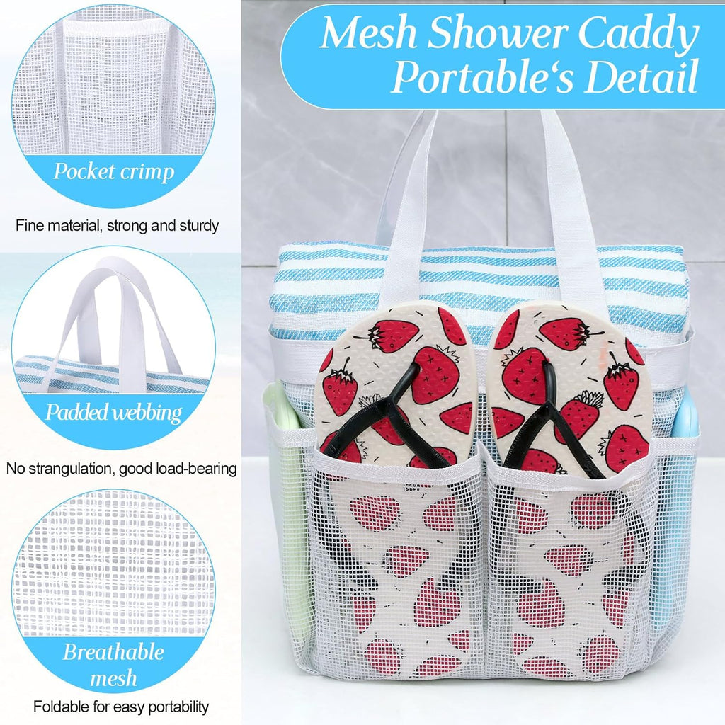 8 Packs Large Mesh Shower Caddy with 8 Pocket and Handle, White