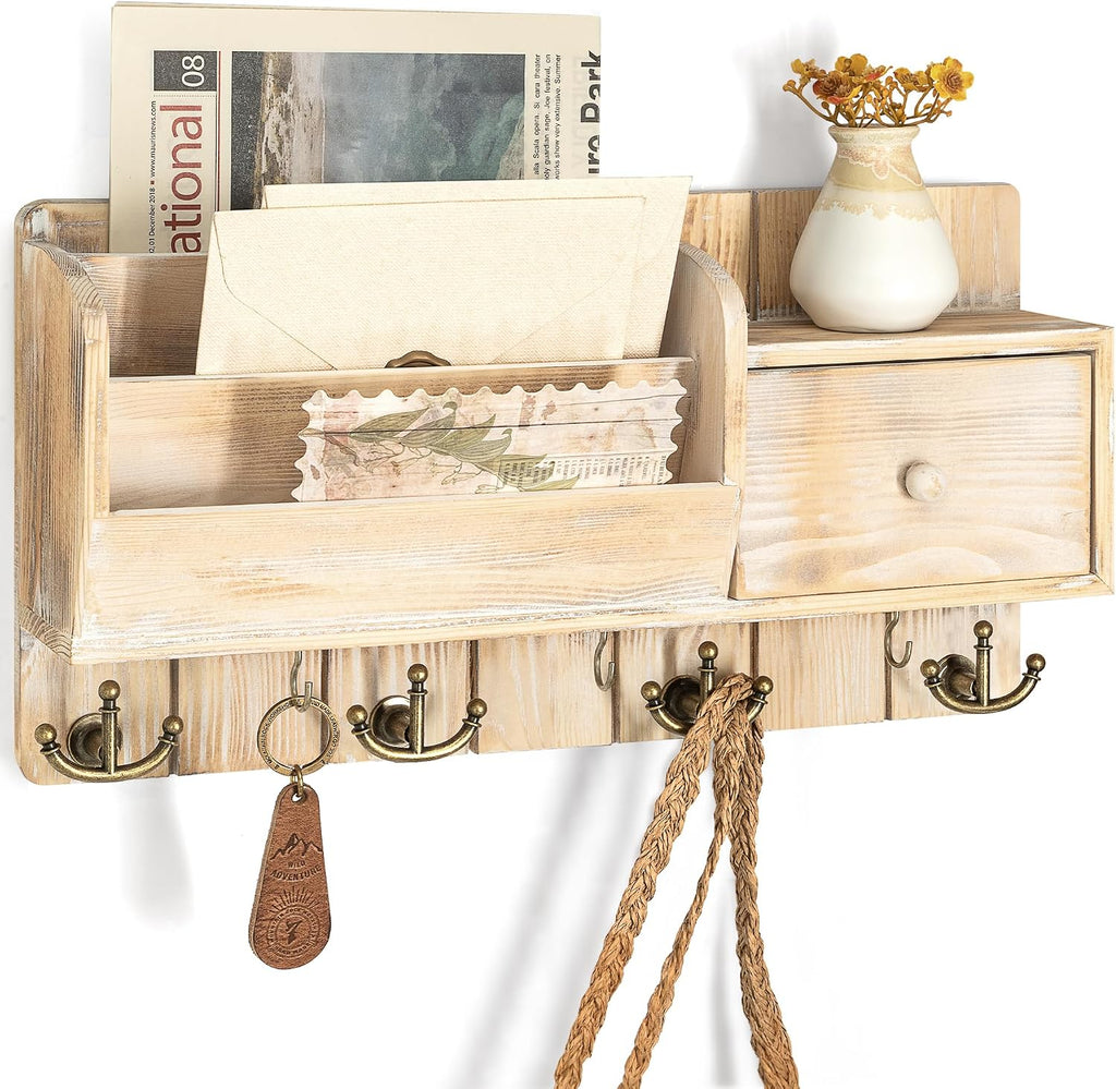 Rebee Vision Key Holder Wall Mount with Drawer for Entryway, Natural Wood