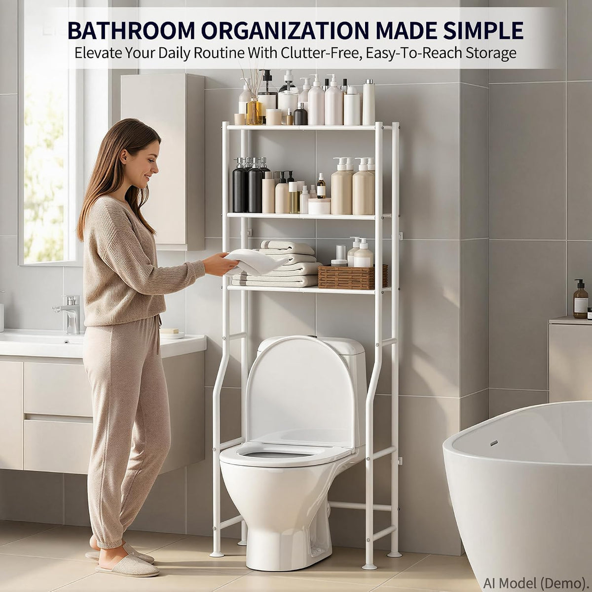 3-Tier Over Toilet Storage Cabinet, No Drilling, 64" H, White