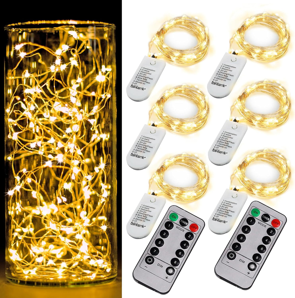 6 Pack Fairy Lights Battery Operated With Timer,2 Remotes,20 LED Warm White