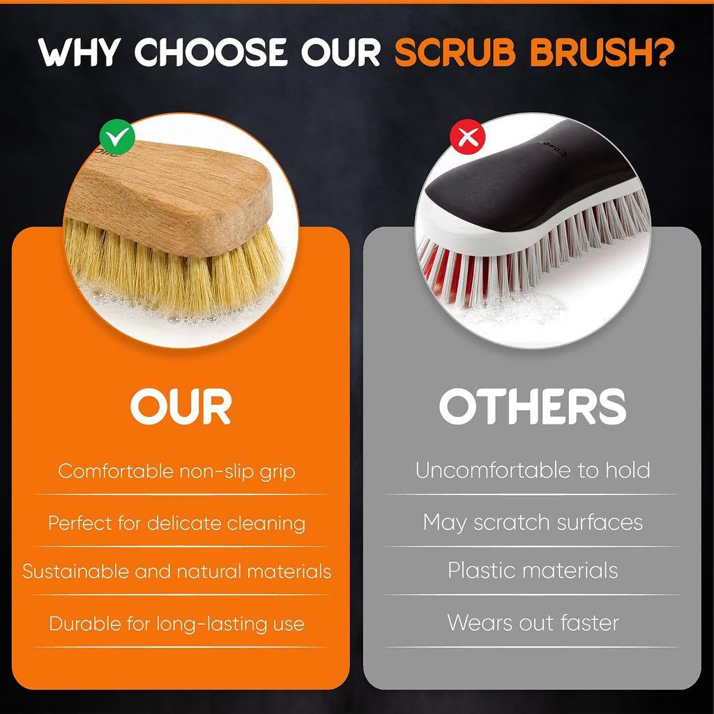 All-Natural Wooden Scrub Brush Set | Eco-Friendly Cleaning Brush Set with Tampico Bristles | Floor Scrub Brush & Shower Scrubber for Bathroom, Tub, Kitchen & Carpet | Sustainable Set – Pack of 2