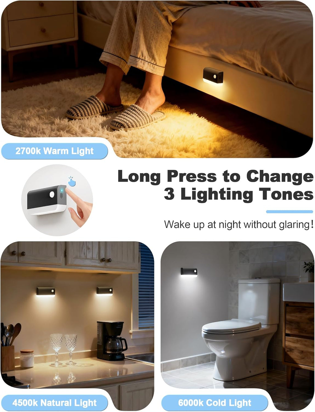 VOLISUN Motion Sensor Rechargeable Night Lights, 3 Modes 3CCT 3Pack,Black