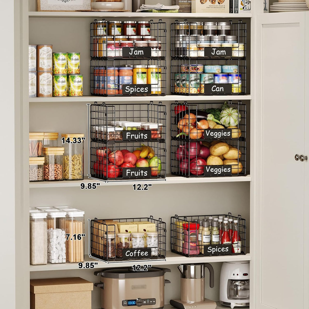 3 Pack XL Stackable Wire Baskets with Handle, Pantry Organizers and Storage