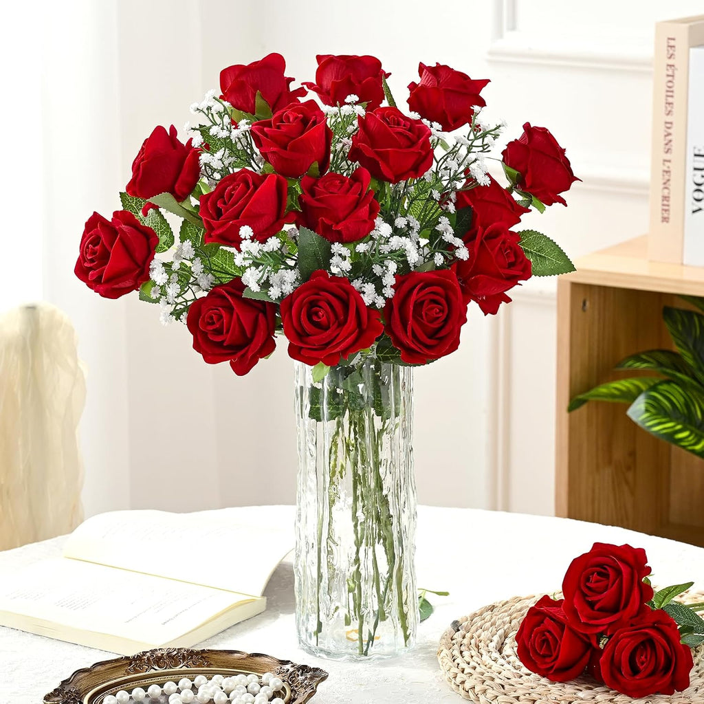 Waipfaru 50 Pcs Red Roses with Baby Breath