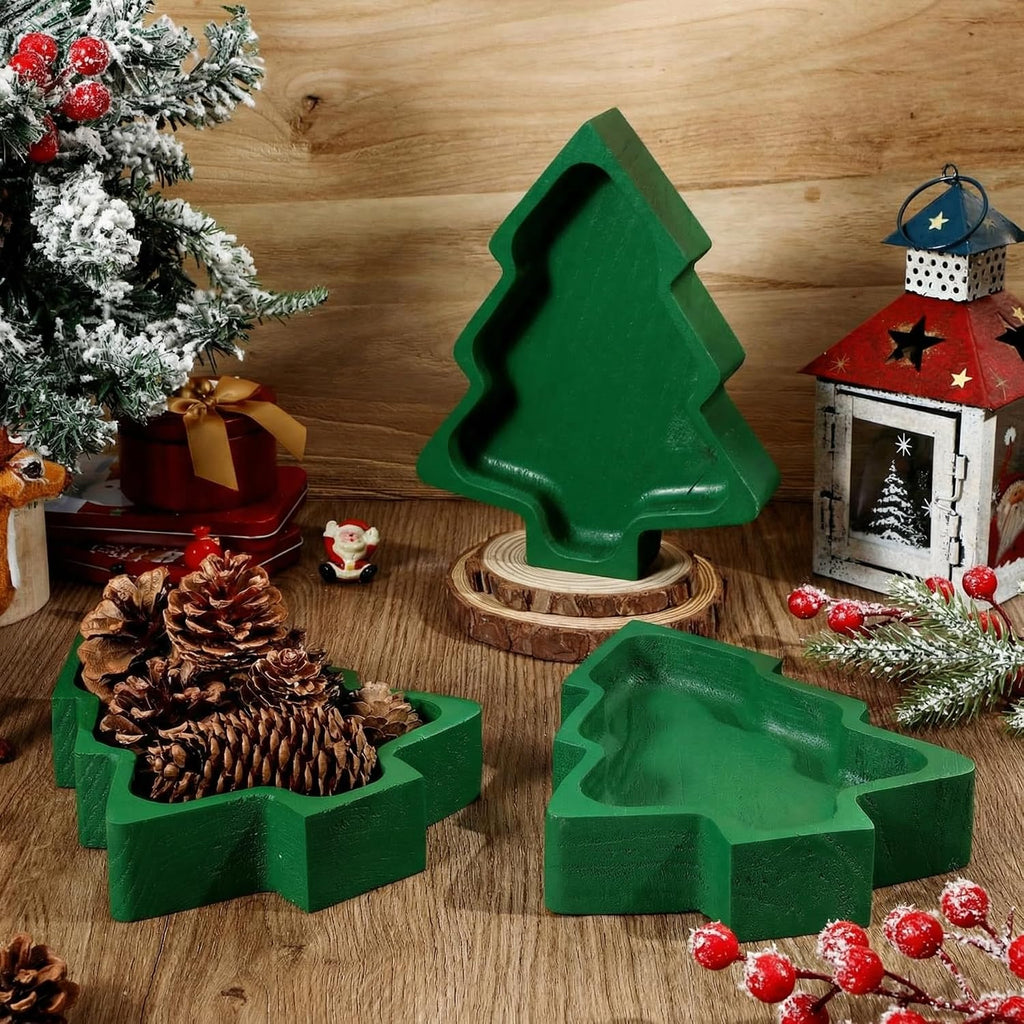 Jingmore 4 Pcs Christmas Wooden Bowl Xmas Tree Tray Dough, Green