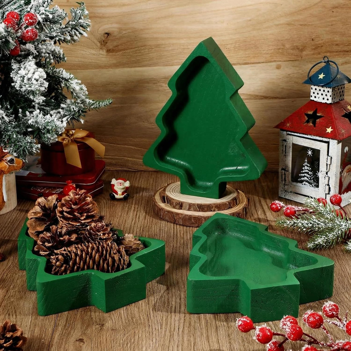 Jingmore 4 Pcs Christmas Wooden Bowl Xmas Tree Tray Dough, Green