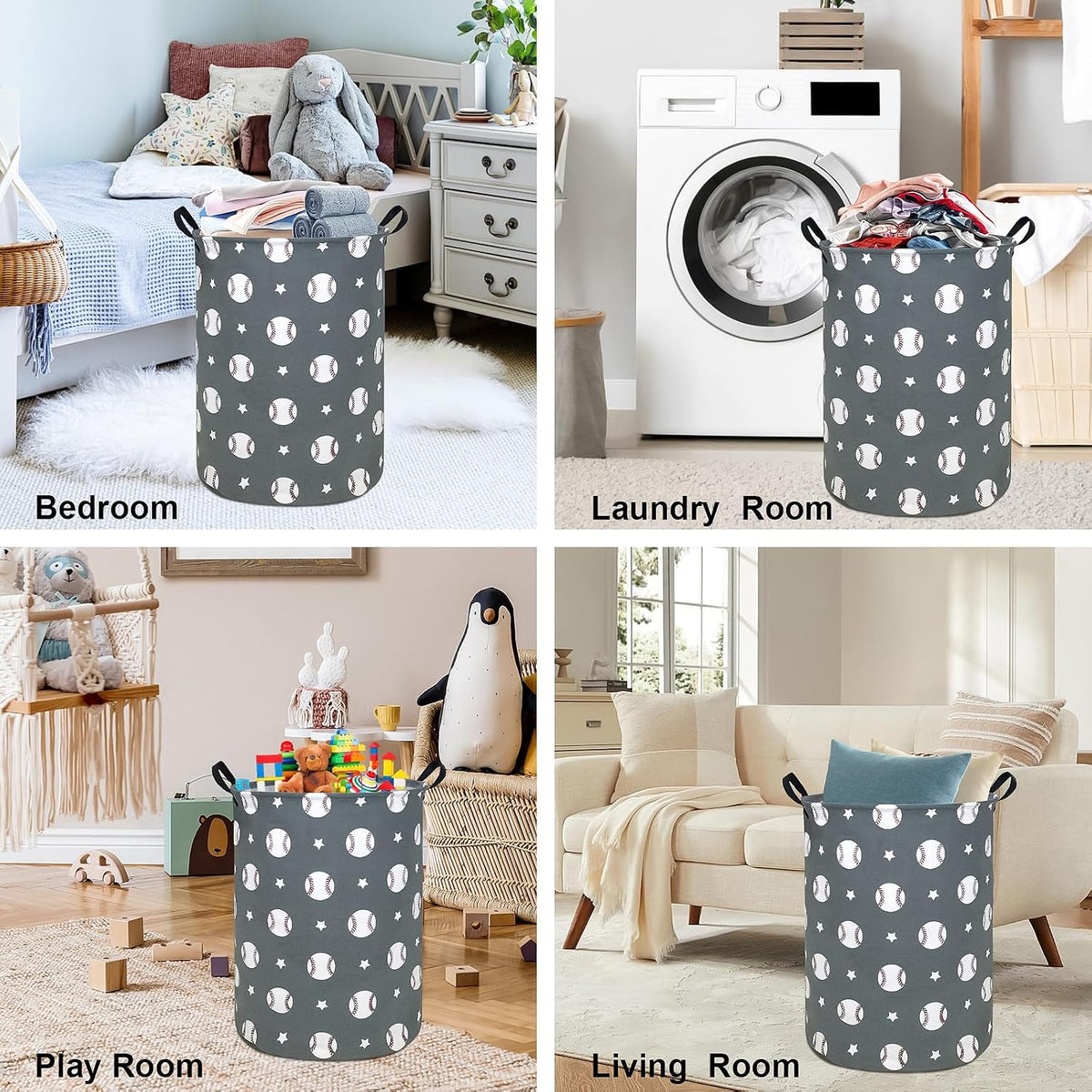 Round Fabric Collapsible Storage Basket with Handles, Grey Baseball