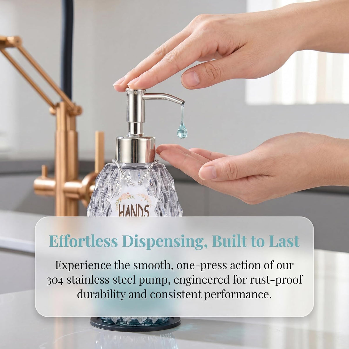 MALACHI Glass Soap Dispenser, 304 Rustproof Stainless Steel Pump, Refillable Multi‑use for Hand Soap, Dish Soap, Body Wash, Shampoo, Baby Wash for Bathroom Kitchen & Commercial
