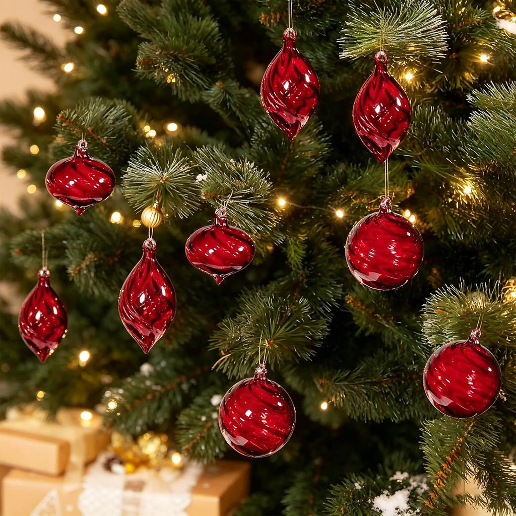 6 PCS Glass Christmas Ball Ornaments, Hand Blown Ornaments Hanging Balls,Glass Xmas Tree Home Wedding Birthday Party Holiday Decorative Set (Red)
