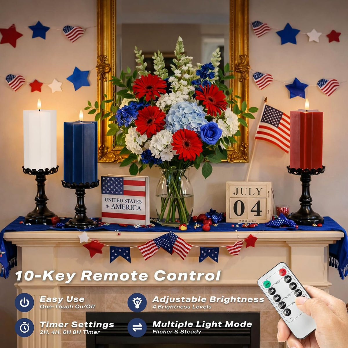 4th of July Flameless Candles with Remote, Red White and Blue LED Candles