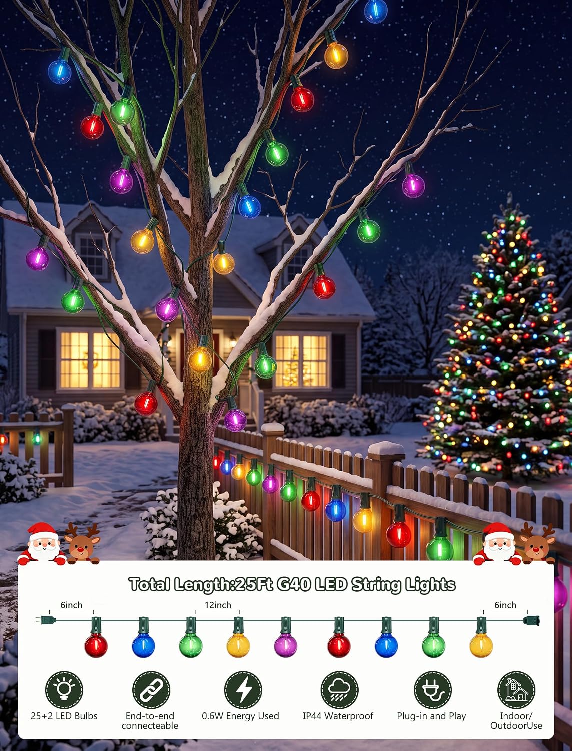 25FT G40 LED Multicolor Outdoor String Lights, 25 Shatterproof Globe Bulbs