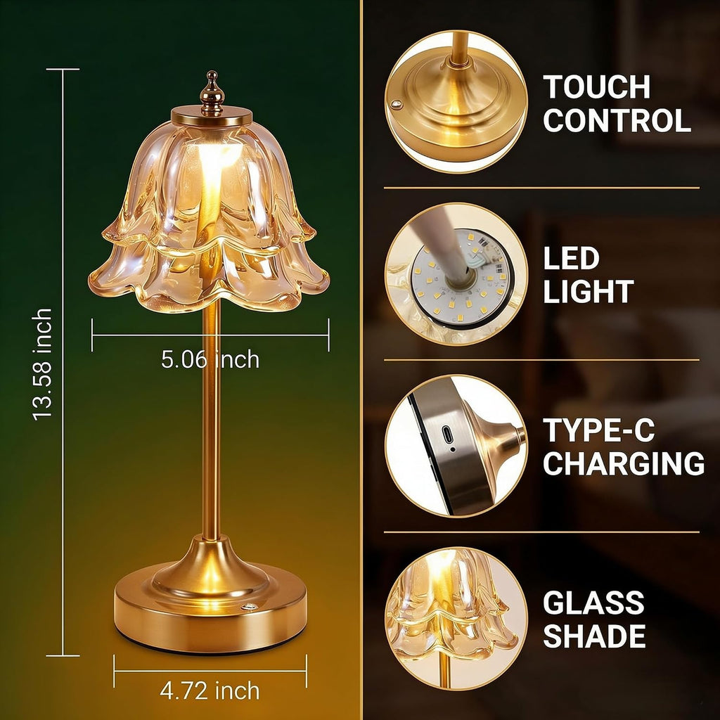 Glass Rechargeable Table Lamp, Vintage Flower Cordless Table Light -Amber