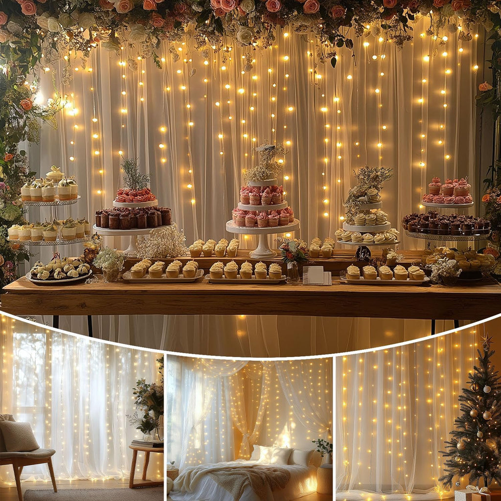 White Tulle Backdrop Curtain with Lights String 10x8ft Sheer Drapes for Wedding, Birthday, Baby Shower, Bridal Shower, Photo Booth, Party, Home Decor (2 Panels, White)