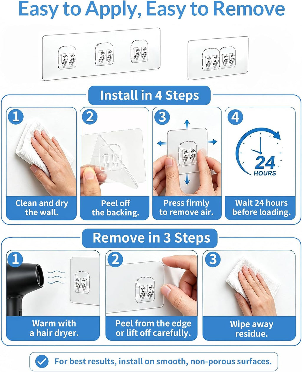COOLMI Shower Caddy Adhesive Replacement, 4 Pack Double and Triple Hooks