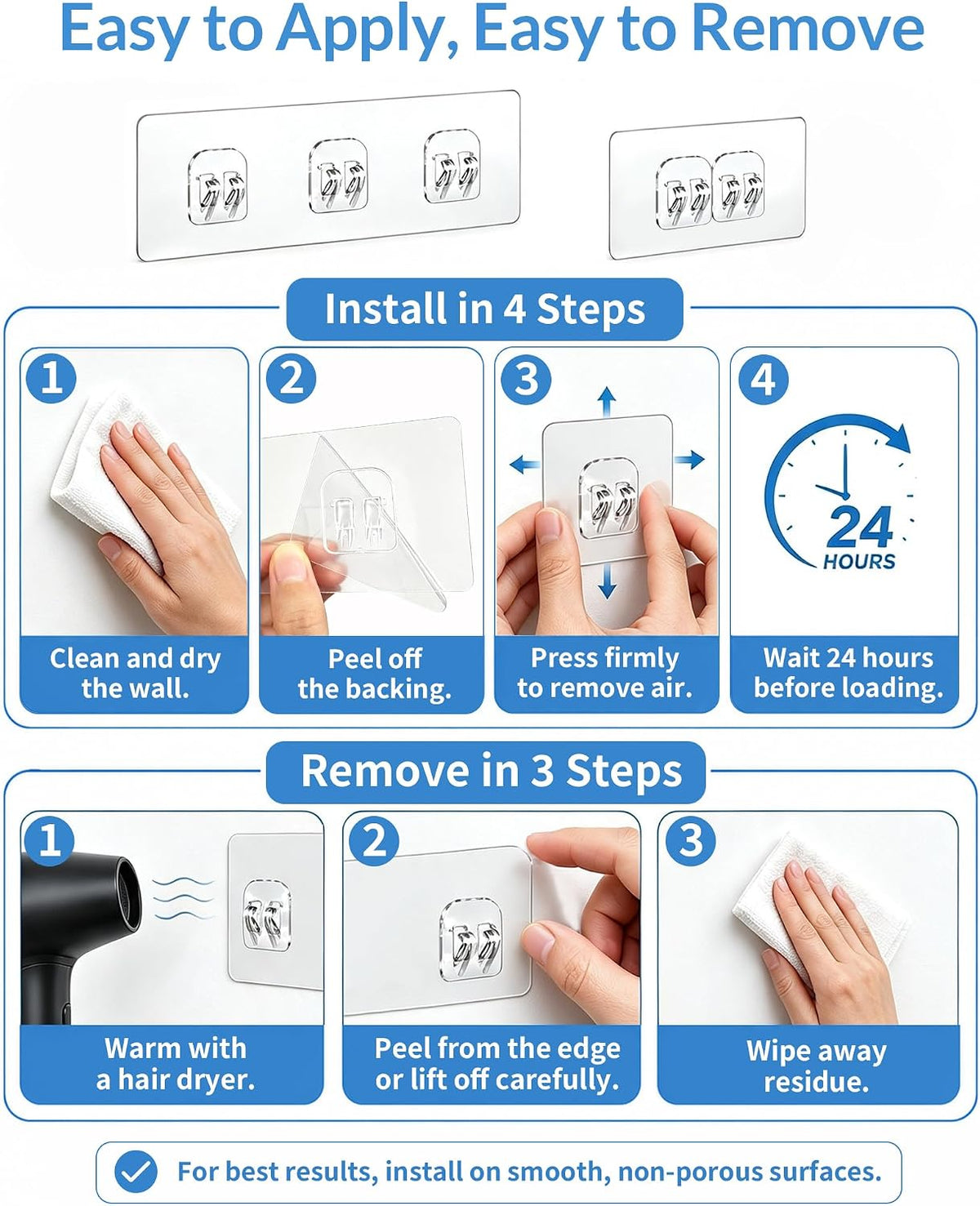COOLMI Shower Caddy Adhesive Replacement, 4 Pack Double and Triple Hooks