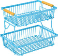 2 Tier Fruit Basket for Kitchen Counter with 2 Banana Hangers, Countertop Metal Bread Basket with Wooden Handle, Large Storage Stand for Vegetables, Snacks, Eggs, Produce Storage – Blue