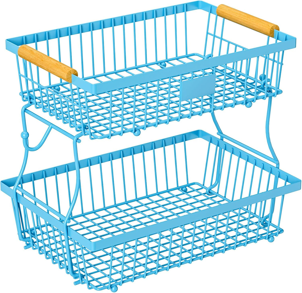 2 Tier Fruit Basket for Kitchen Counter with 2 Banana Hangers, Countertop Metal Bread Basket with Wooden Handle, Large Storage Stand for Vegetables, Snacks, Eggs, Produce Storage – Blue