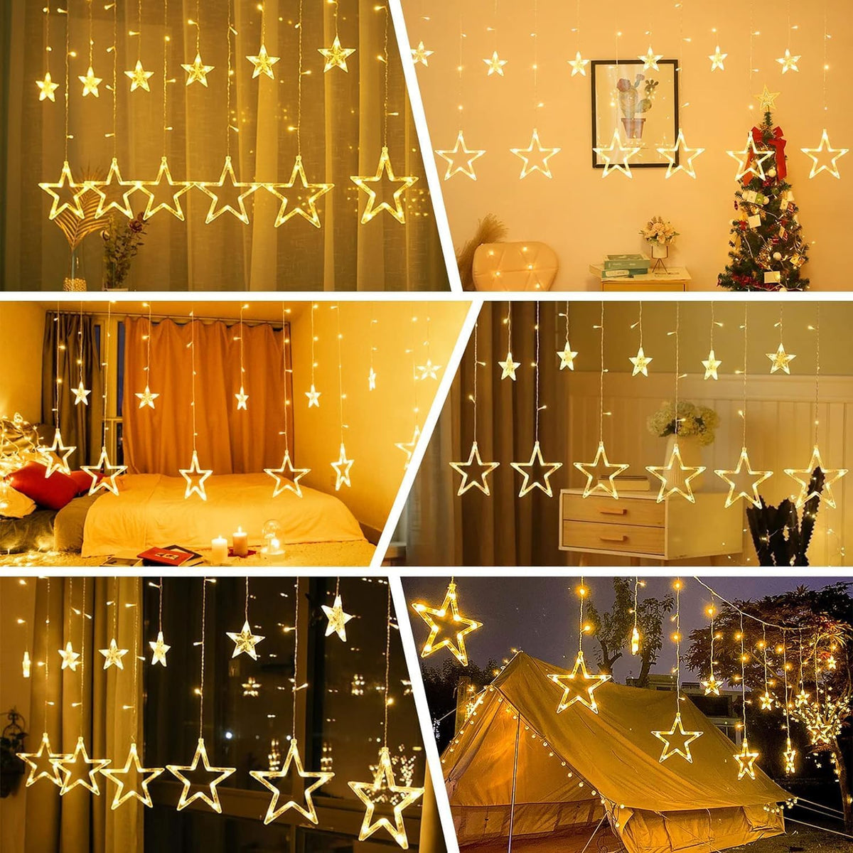 12 Stars 138 LED Star Curtain Lights Plug in, 8 Modes Lights for Bedroom