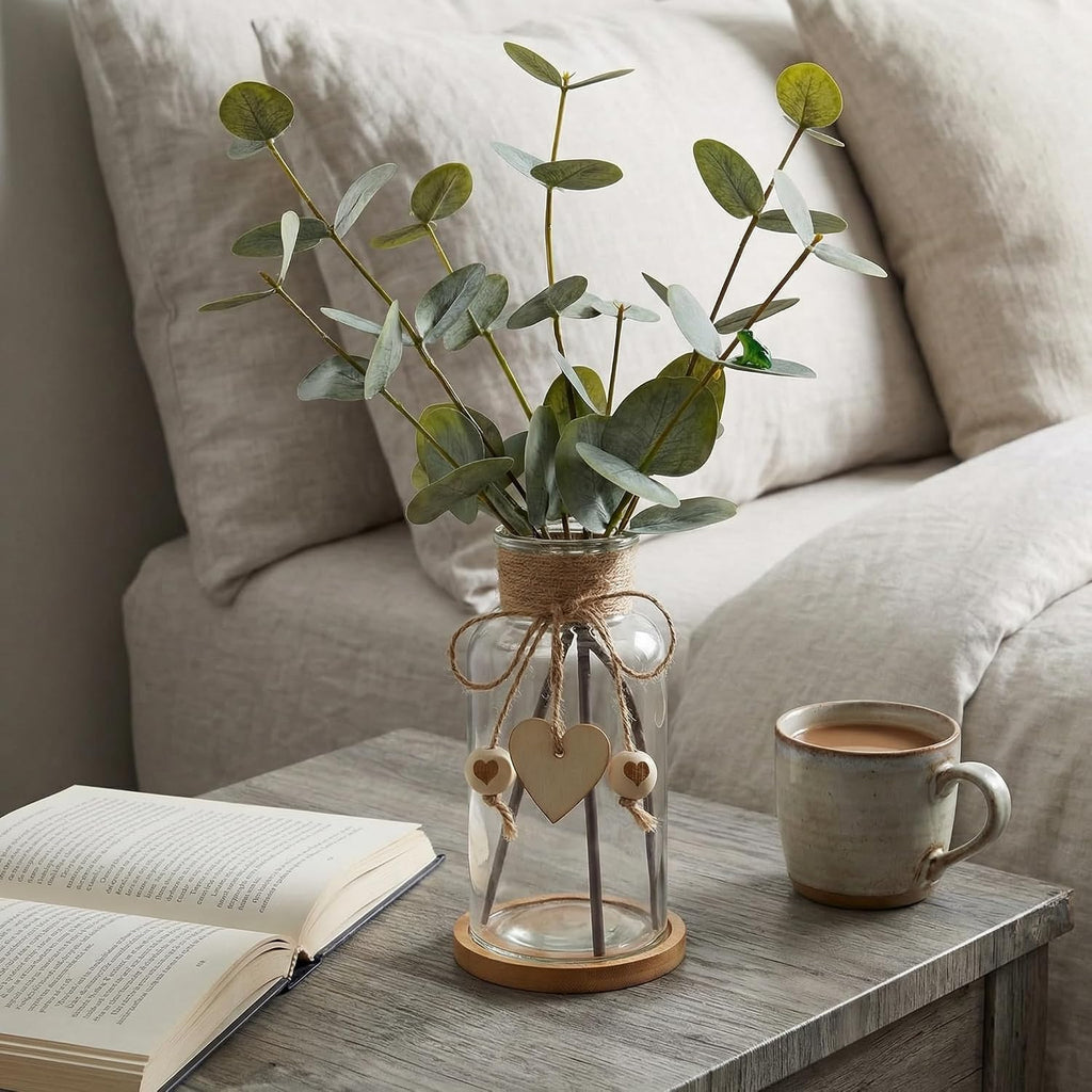 Artificial Eucalyptus Greenery Stems in Glass Vase,15" Doule Side 3D Fake Plants Eucalyptus Leaves faux Greenery for Centerpiece Table Decorations Home Room Decor office Desk Green Decor (Clear)