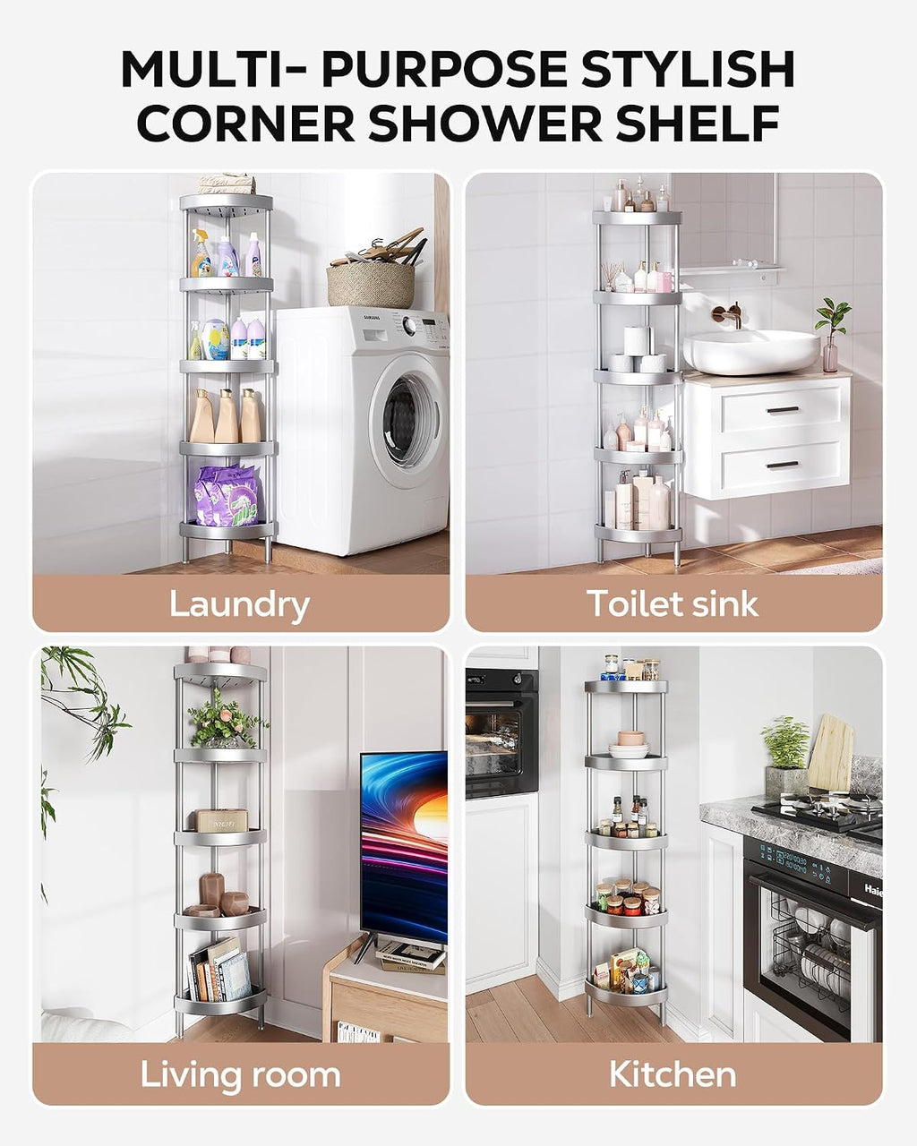 Nieifi 5 Tier Aluminum Corner Shower Caddy Standing-Rustproof-Silver