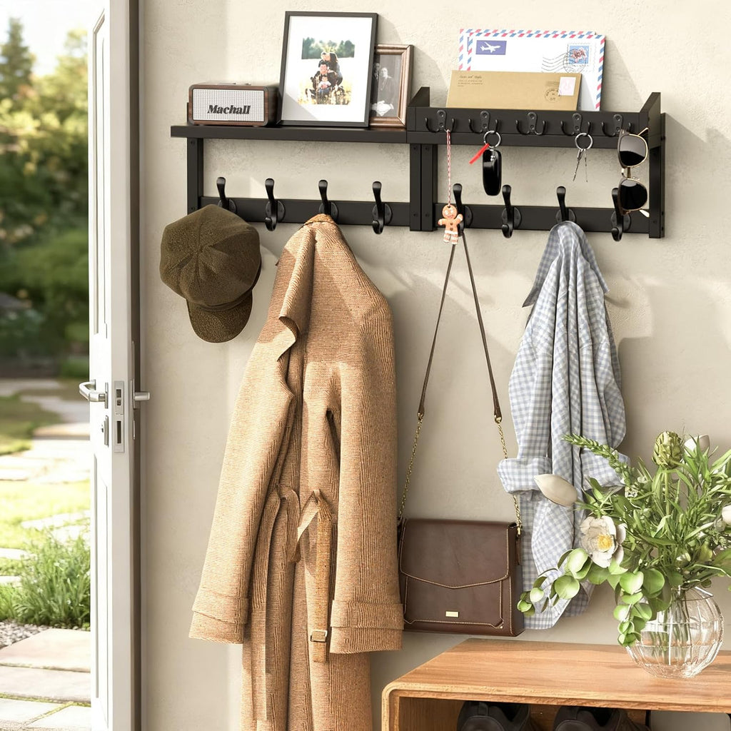 35'' Long Black Coat Rack Wall Mount with Shelf, Solid Wood Coat and Key Hanger with 13 Metal Hooks, Farmhouse Wall Organizer for Mail, Entryway Wall Hangers for Hats, Clothes, Backpacks