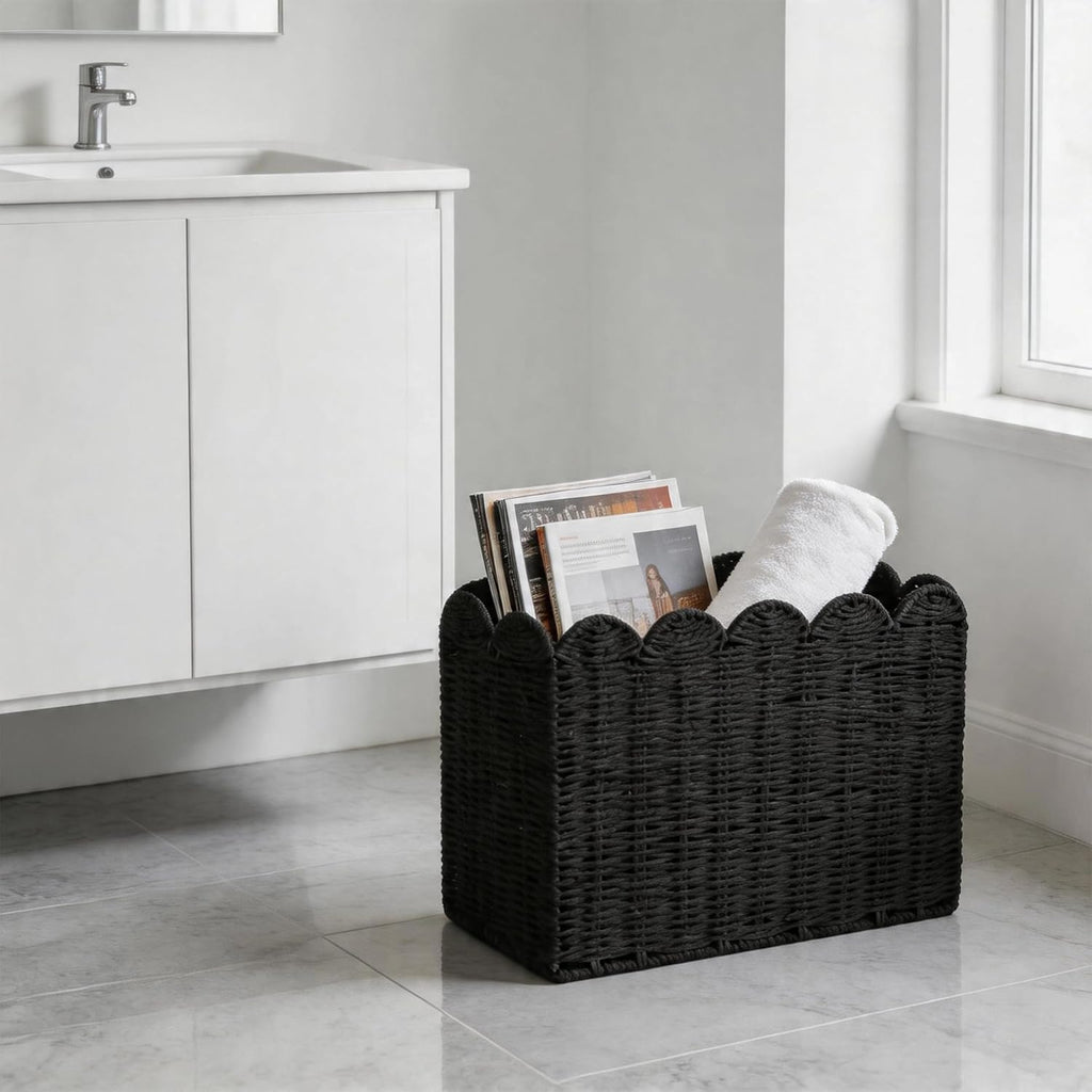 Black Paper Rope Magazine Holder, Scalloped Magazine Basket