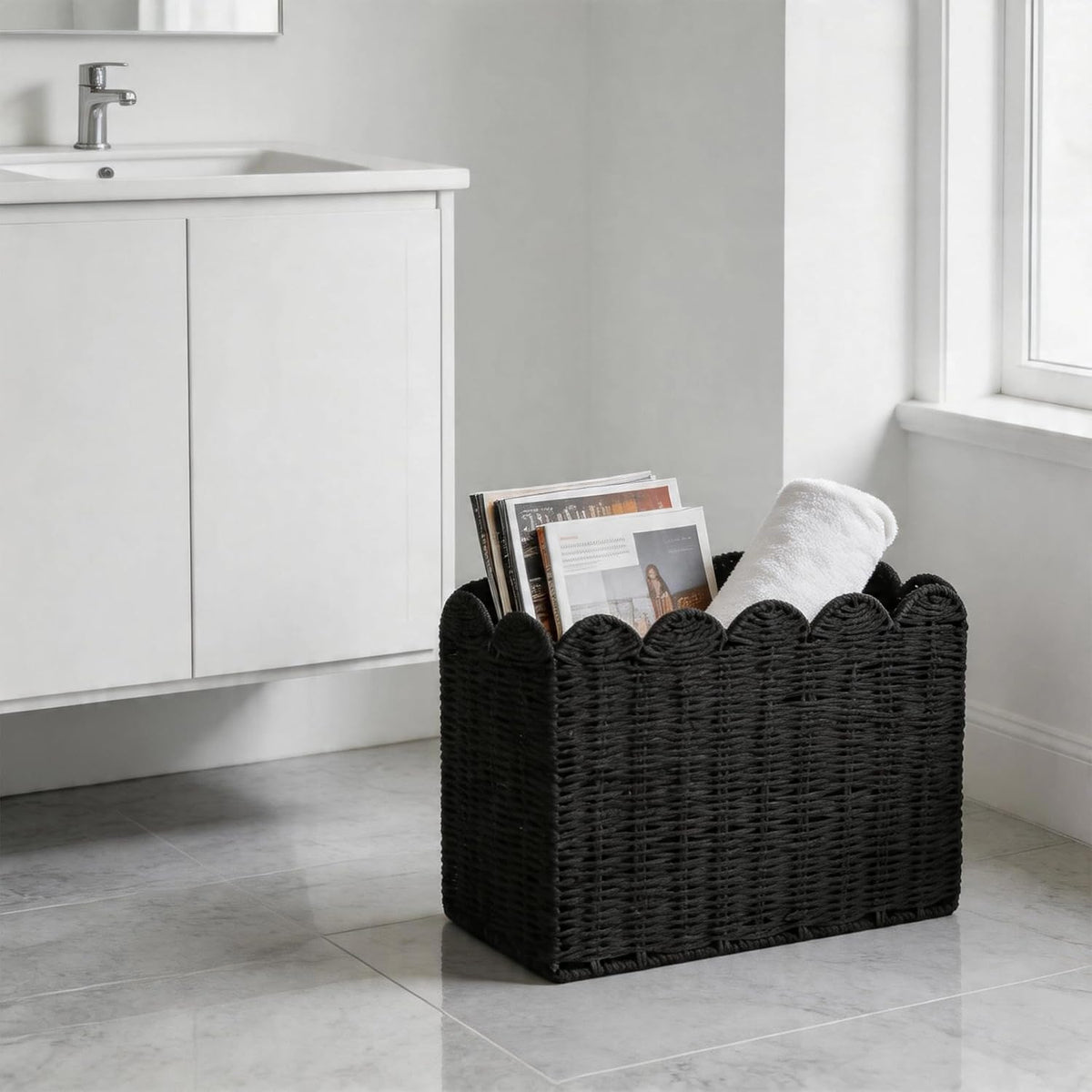 Black Paper Rope Magazine Holder, Scalloped Magazine Basket