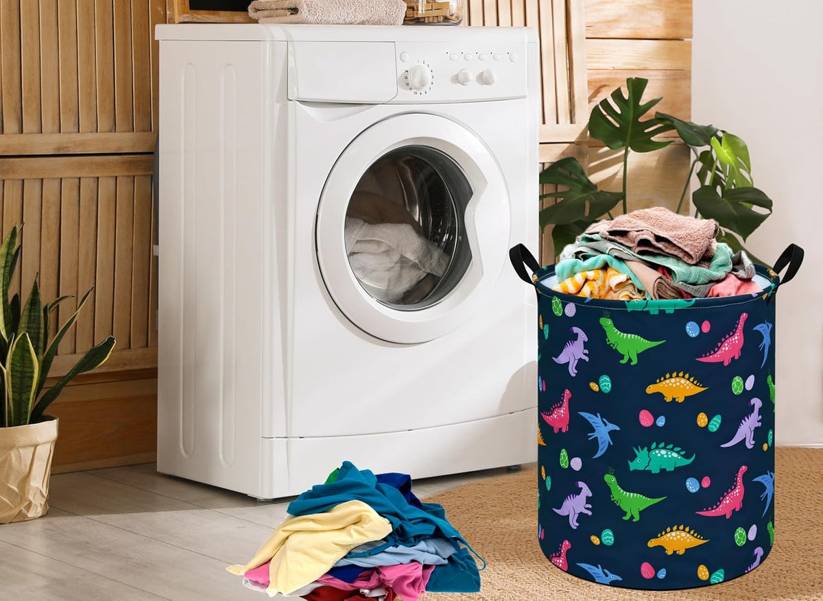 Dinosaur Laundry Basket, Round Foldable Clothes Hamper with Handles, Cotton Linen Blend Storage Bin with Dino Egg Print for Bedroom, Nursery, Playroom, College Dorm
