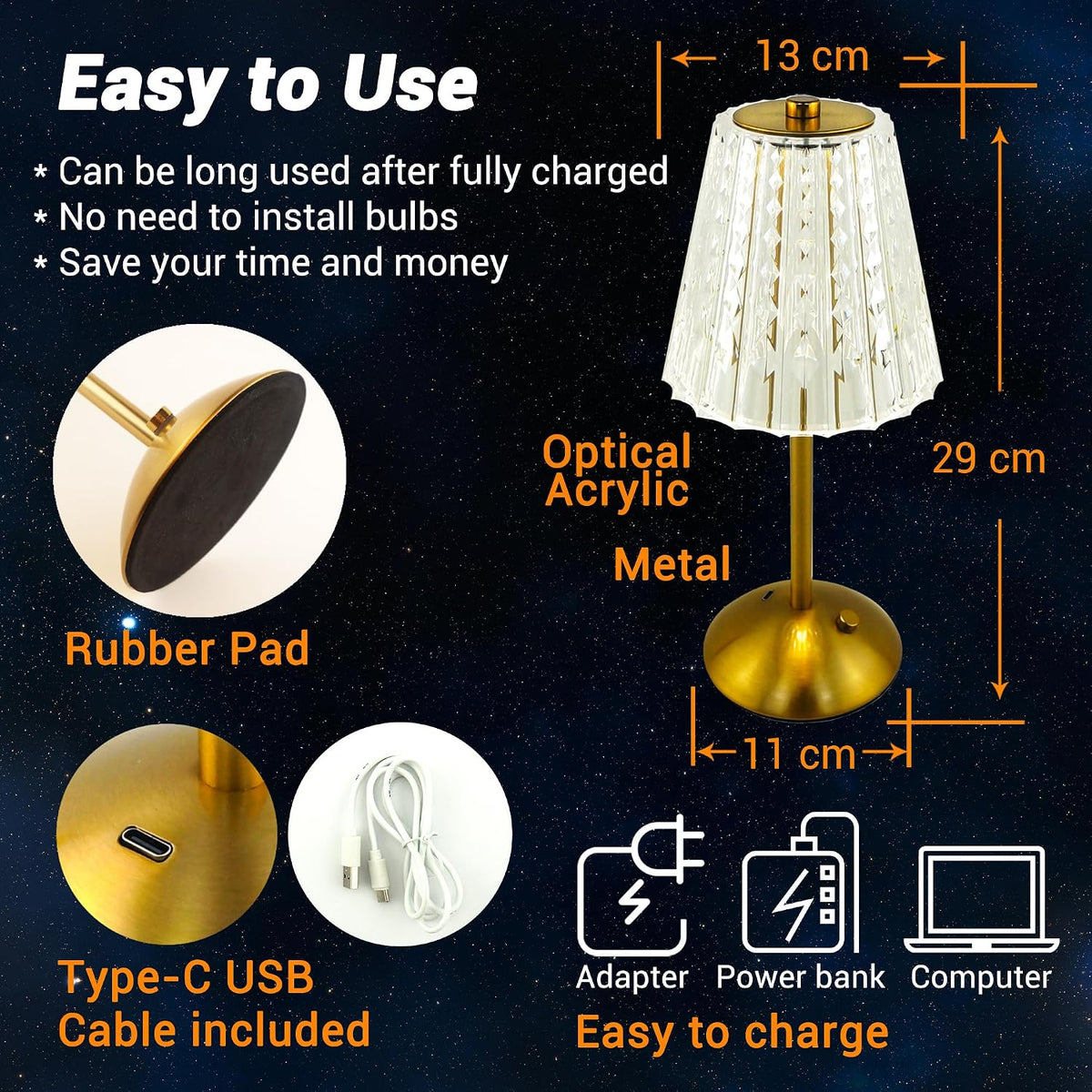 Cordless Table Lamp, 4000mAh Rechargeable Battery Operated Lamp, 3 Color Modes & Stepless Dimmable LED Touch Lamp, Portable Crystal Metal Beside Lamps for Bedroom Restaurant Outdoor(Gold)
