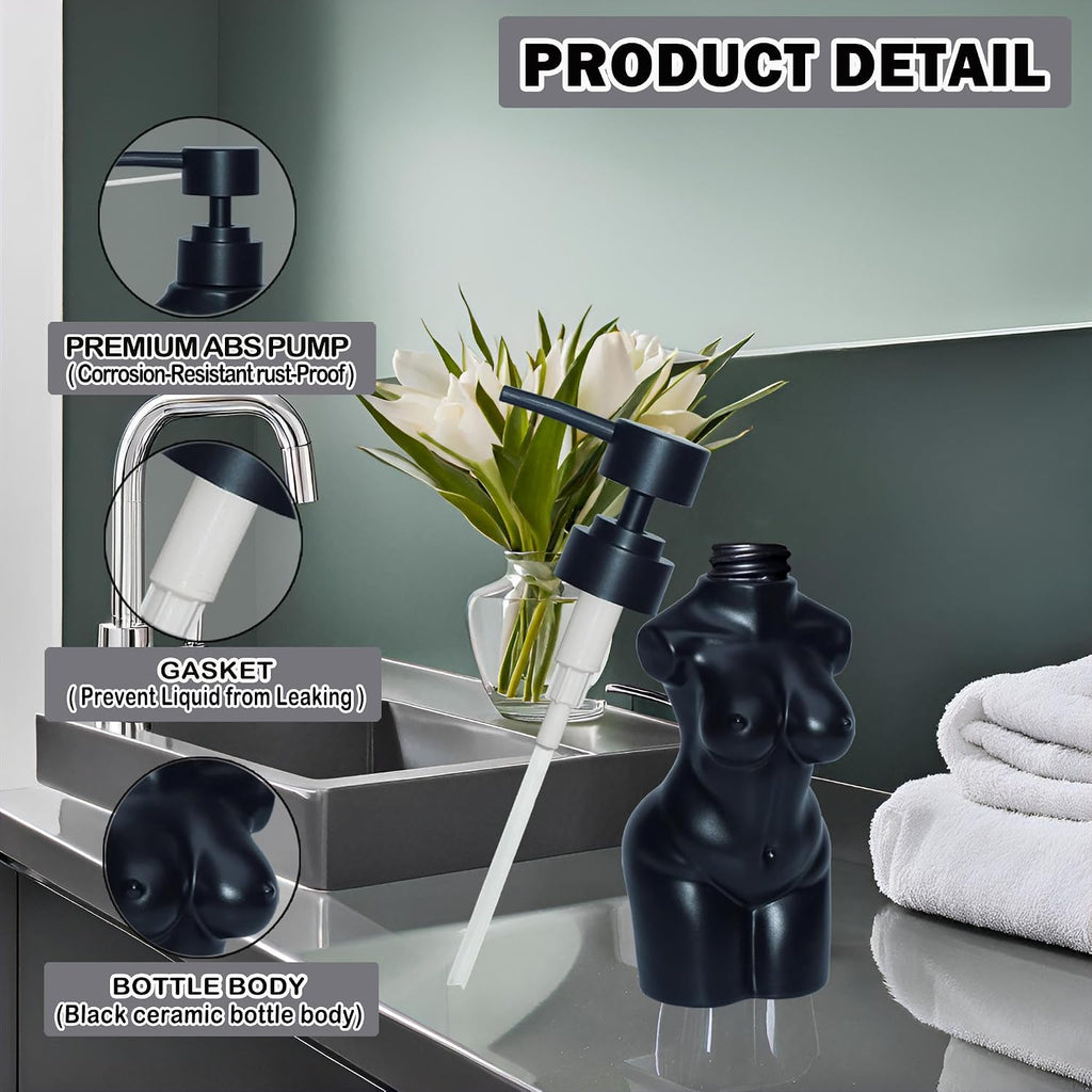 Ceramic Girl Soap Dispenser,Lotion and soap Dispenser Set Refillable Liquid Hand Soap Dispenser for Bathroom and Kitchen (Black)