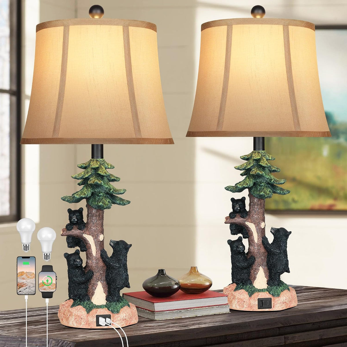 Hamucd Rustic Farmhouse Climbing Bear Table Lamps Set of 2 for Living Room with USB A+C,Bedroom Accent Tree Nightstand Lamps for Western Country Wood Cottage Christmas Decor(2 Bulbs Included)