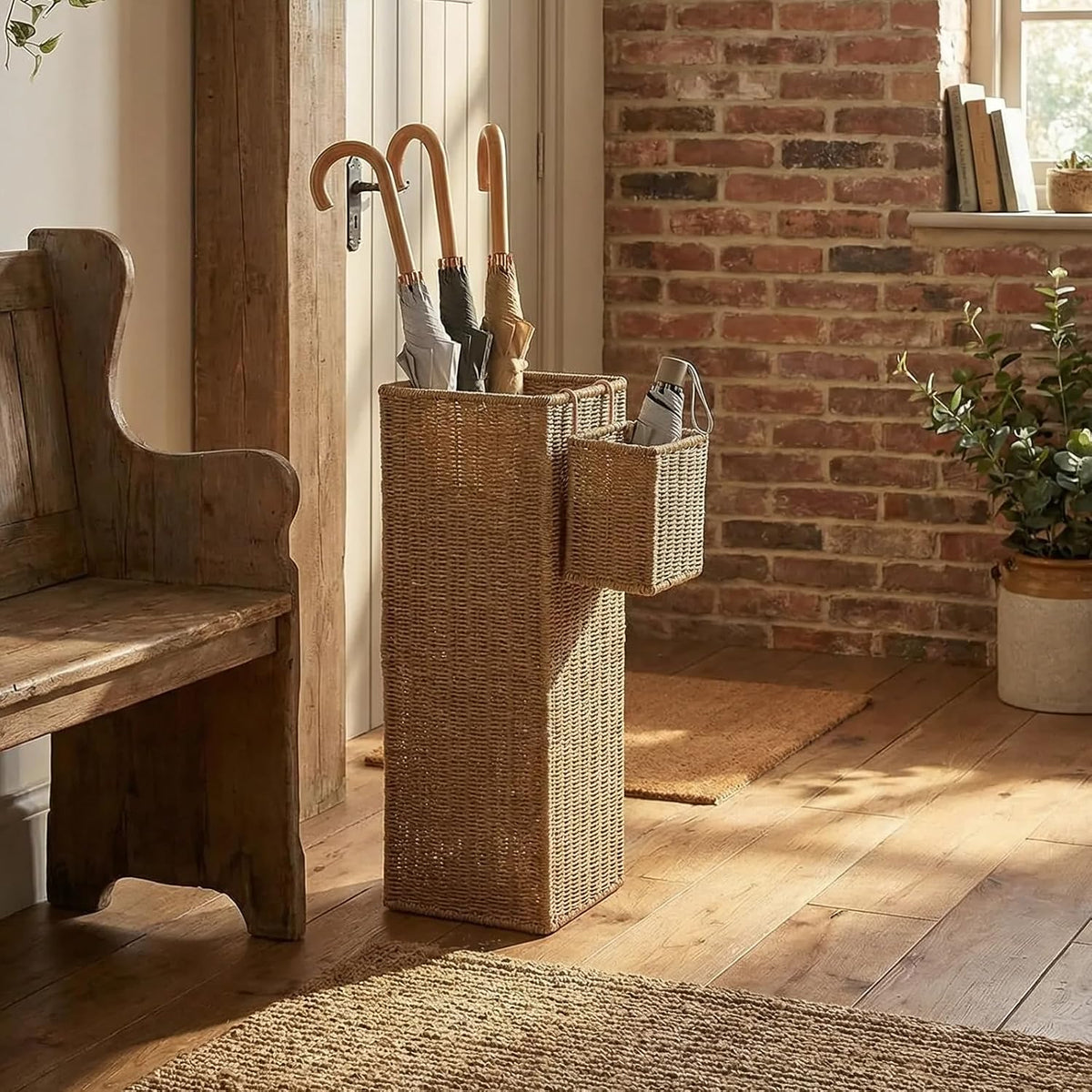 Rattan Umbrella Stand with Drip Tray,Umbrella Holder with Small Basket for Entryway, Tall Wicker Basket for Storage, Woven Organizer for Inoor, Outdoor, Home, Office, Hotel