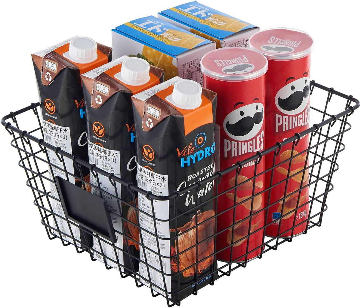JUNCHU CHERRY 4 Pack【Large】 Wire Handmade Storage Basket for Organizing Household Goods,Pantry Organization,Bathroom countertop,Laundry,Wardrobe Storage Basket,Black