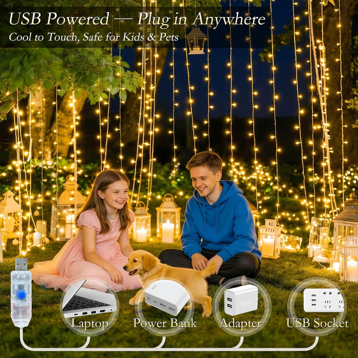 Curtain String Lights 300LED 9.8x9.8FT, Warm White, IP44, 9.8FT Lead
