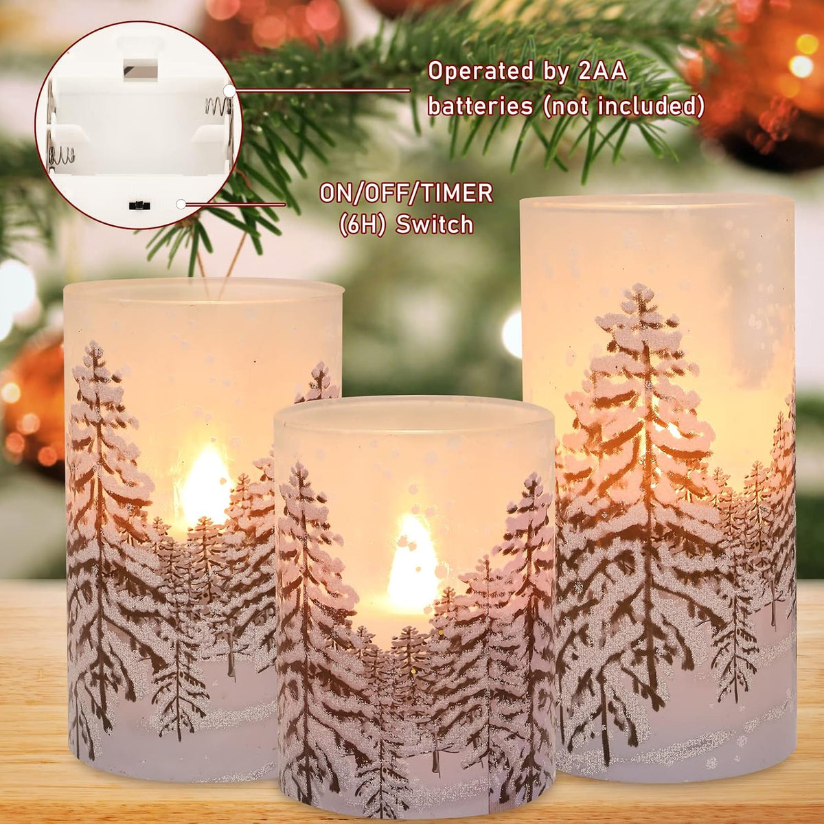Christmas Tree Flameless Candles with Remote Control & Timer Function, Real Wax Glass Candles, Home Party Wedding Holiday Xmas Decor, Set of 3