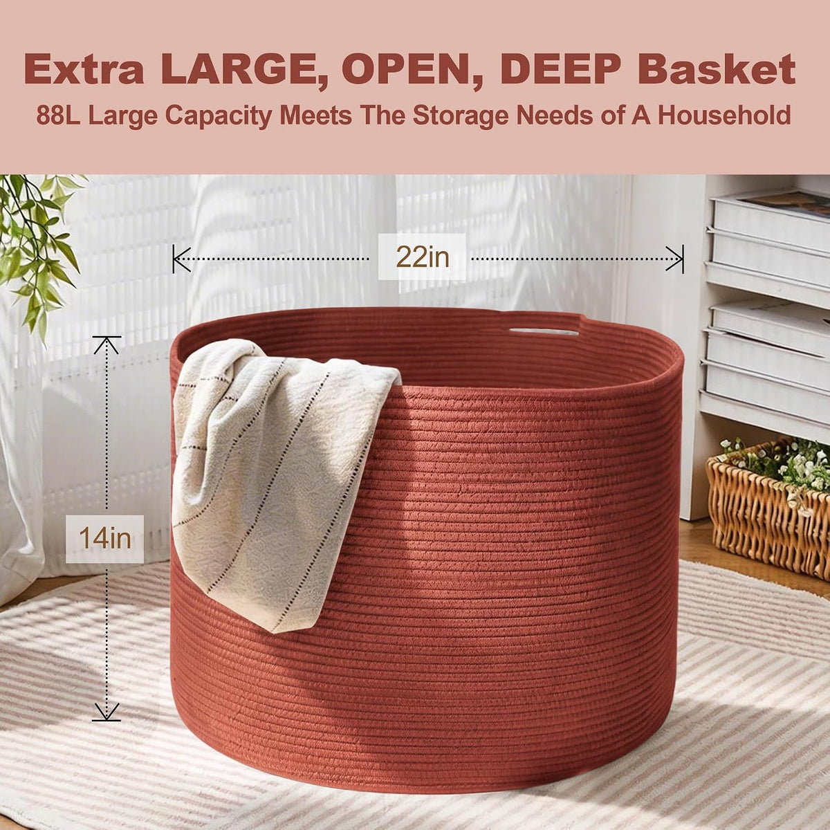 MEGASKET Large Cotton Rope Storage Basket, 22"x14" Rustic Woven Storage Bin for Blankets, Laundry, Shoes, Towels, Farmhouse Boho Blanket Basket Living Room Bedroom, Soft Round Toy Box, Terracotta